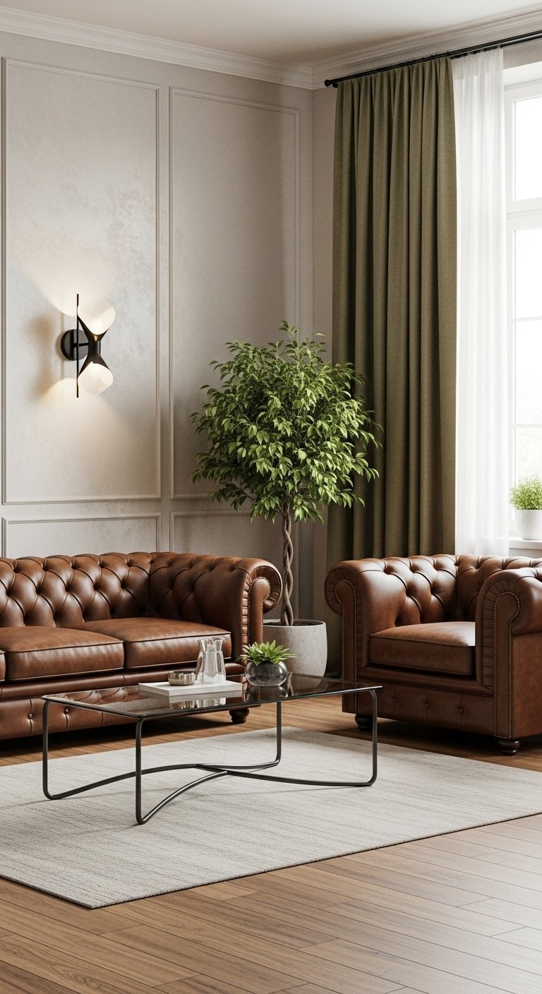 Canapé et fauteuil chesterfield en cuir marron dans un salon classique