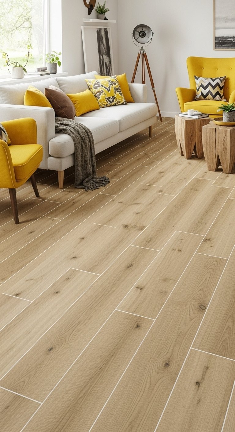 Carrelage imitation parquet bois clair dans un salon moderne avec fauteuils jaunes