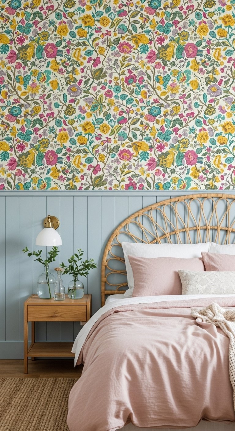 Chambre avec papier peint floral colore tete de lit en rotin et mur a lambris bleu