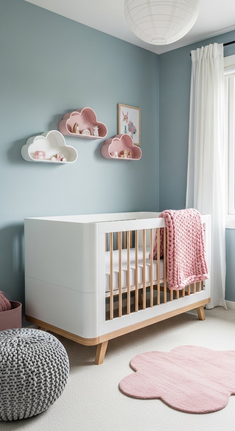 Chambre bébé avec lit blanc étagères nuage roses et mur bleu