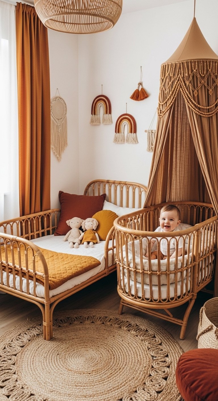Chambre bebe naturelle avec lit en rotin et berceau assorti tons terreux