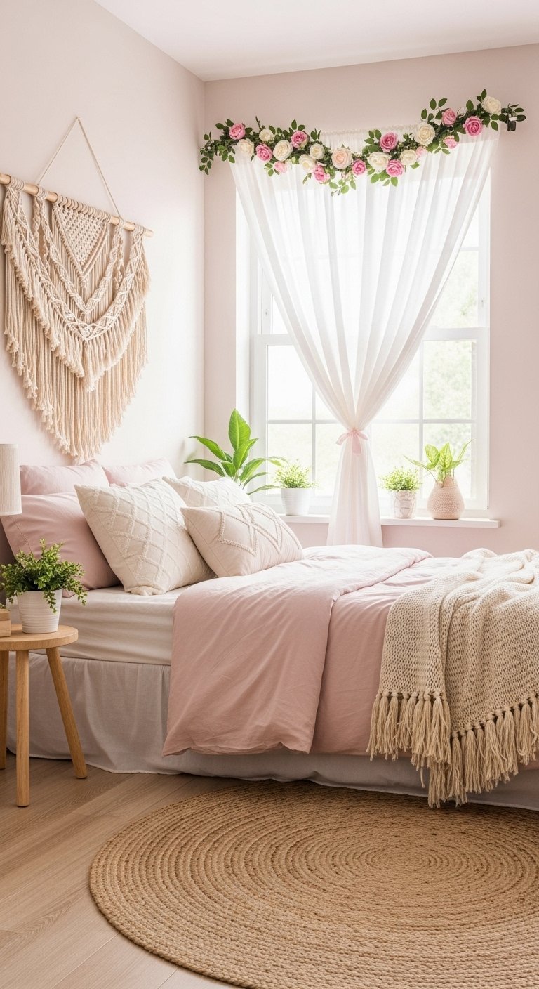 Chambre bohème avec mur rose et tenture murale en macramé