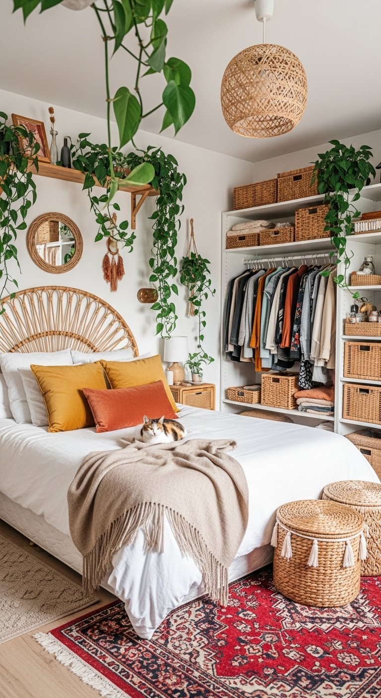 Chambre bohème avec tête de lit en rotin et plantes suspendues