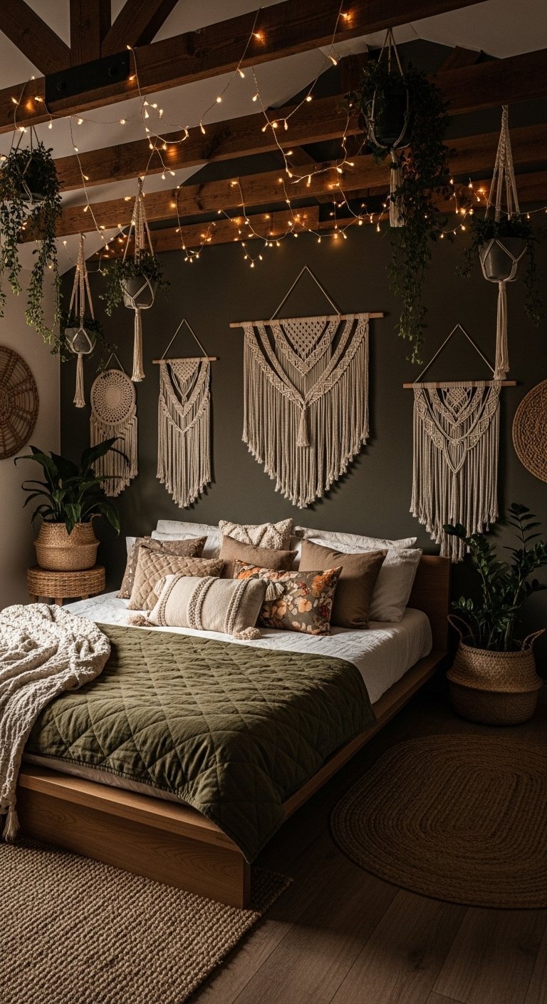 Chambre boheme sombre avec mur olive et suspensions macrame