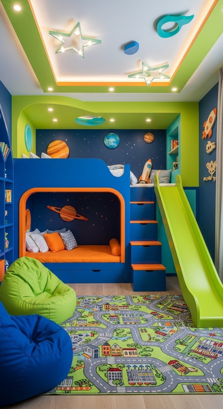 Chambre de garçon avec lit superposé bleu et toboggan vert sur le thème de l espace