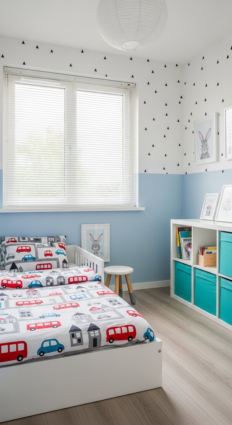 Chambre garcon moderne bleu pastel avec lit motif voitures