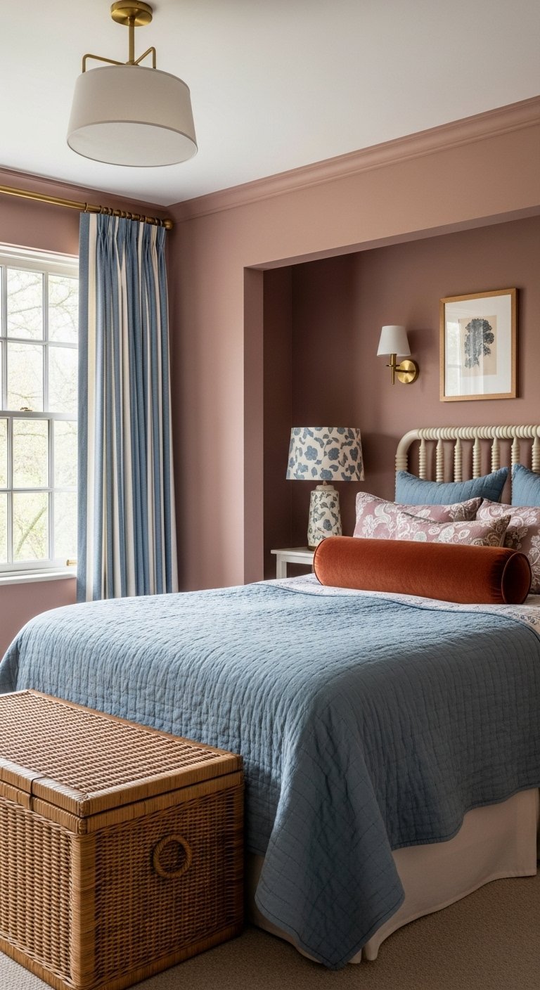 Chambre moderne avec murs terracotta rose et linge de lit bleu ciel