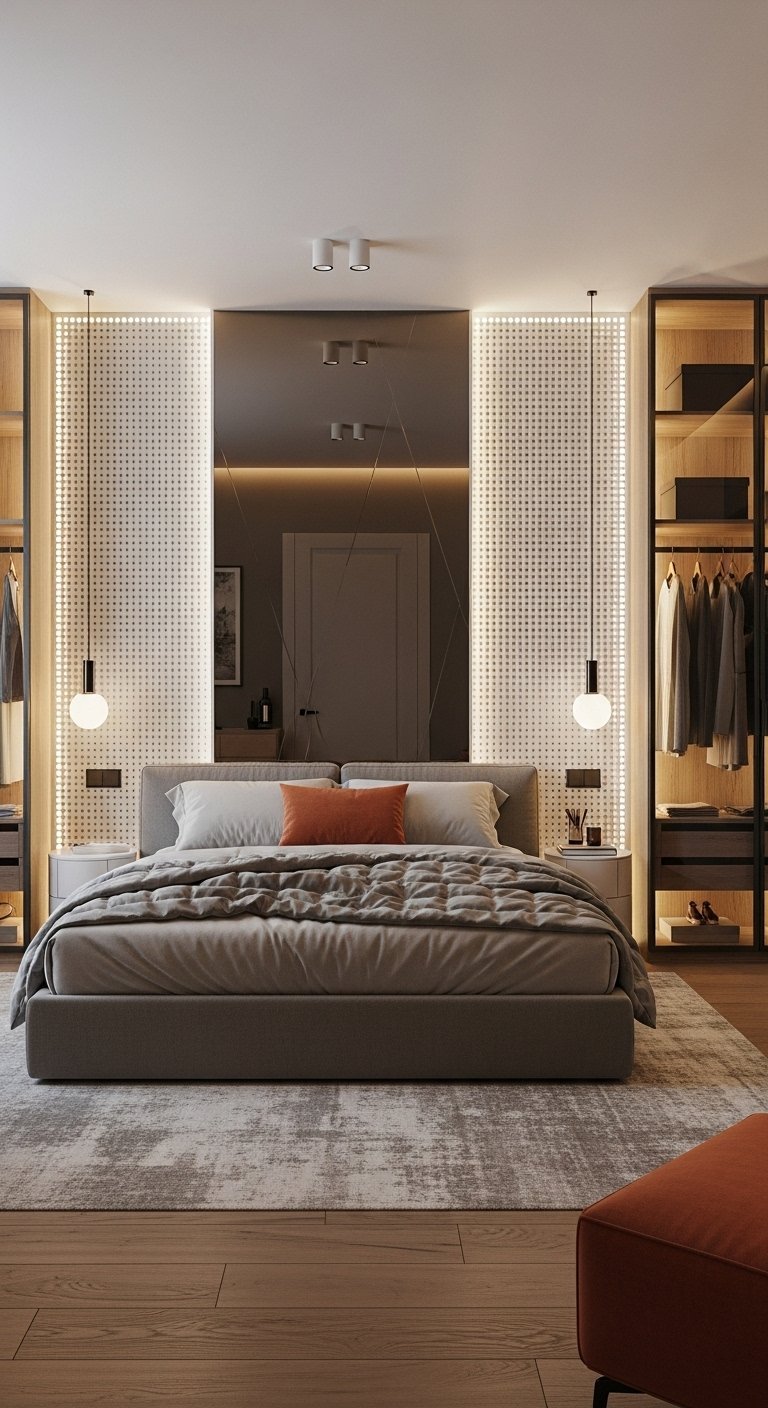 Chambre parentale moderne avec dressing ouvert et éclairage intégré