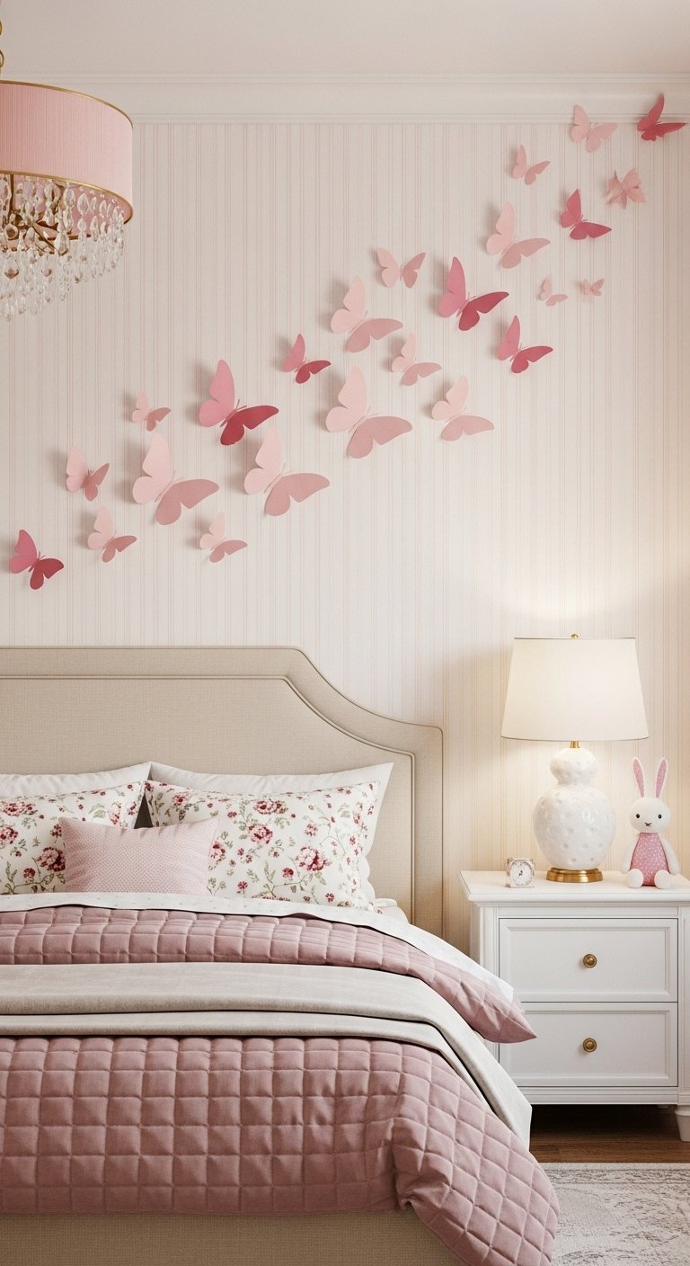 Chambre rose poudré avec décoration murale de papillons D roses au dessus du lit