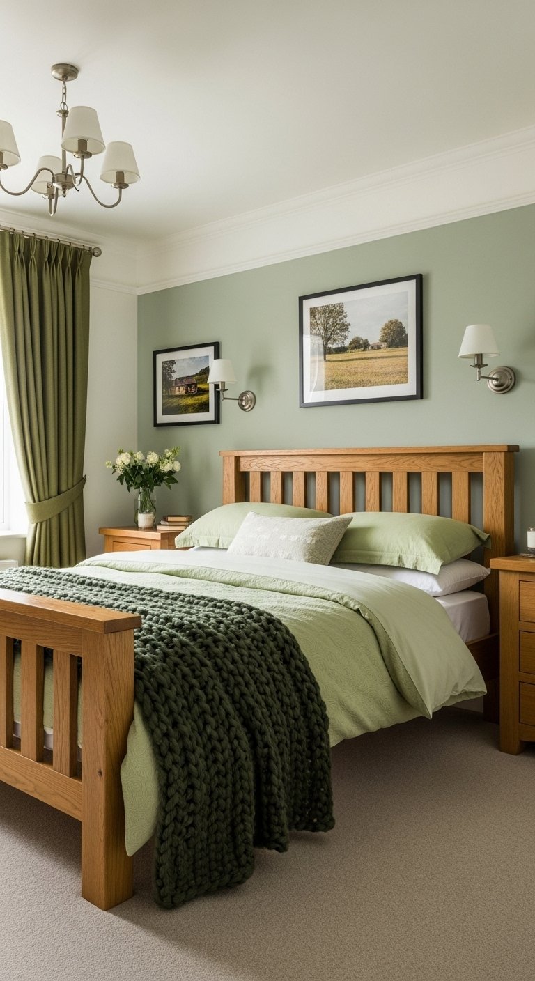Chambre verte classique avec murs vert sauge et lit en bois de chêne