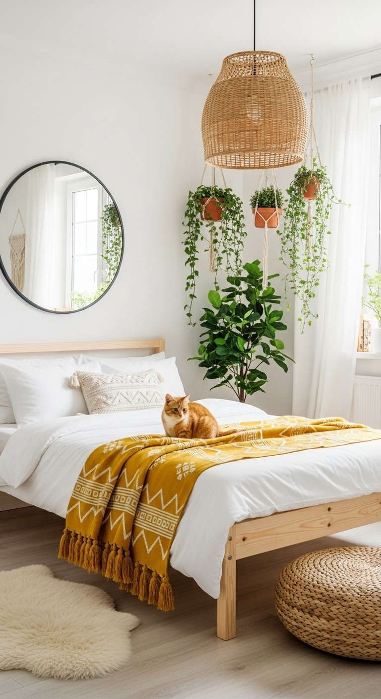 Chat roux sur un lit en bois clair avec des plantes suspendues