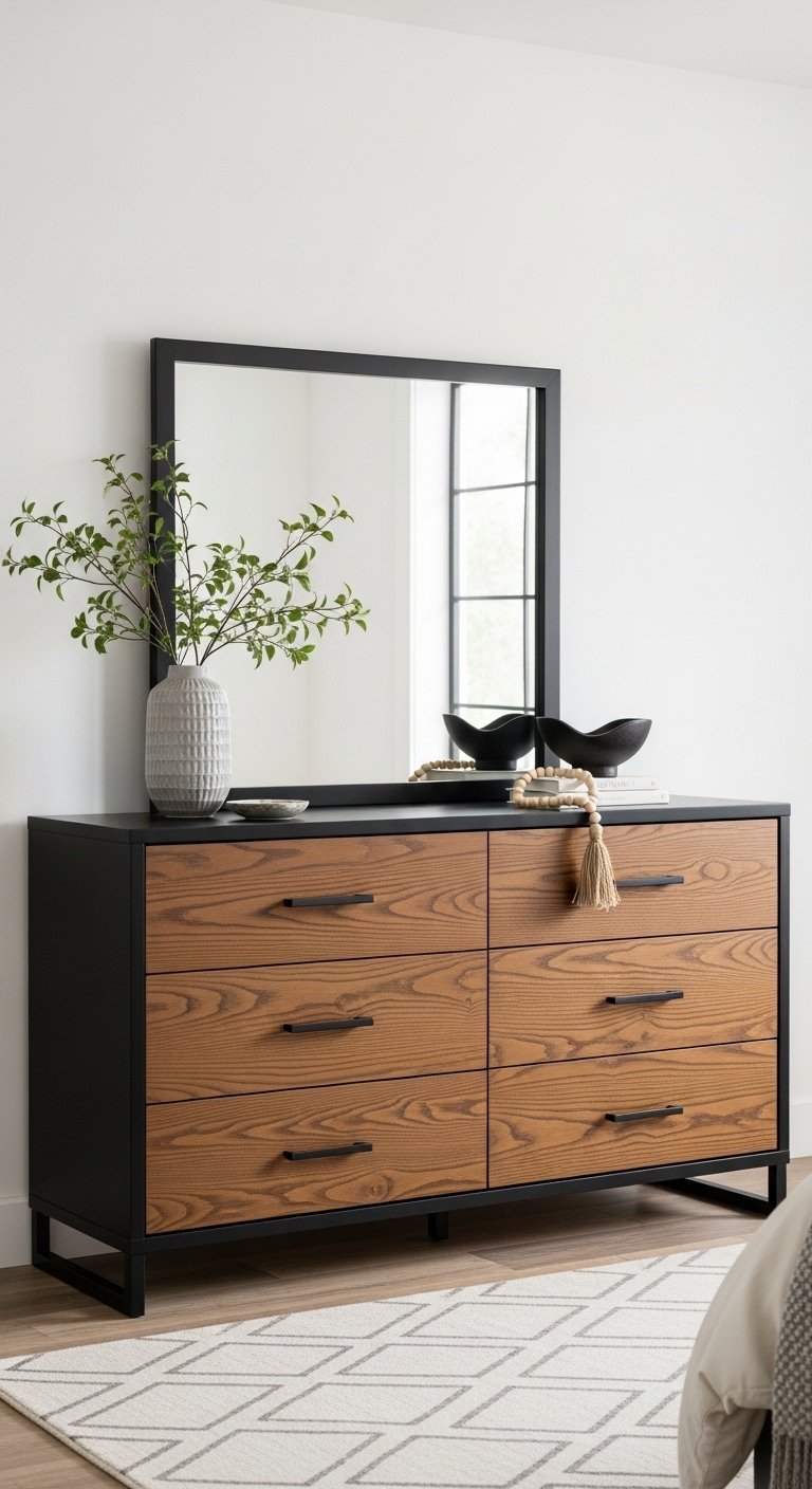 Commode industrielle en bois clair et noir avec miroir assorti