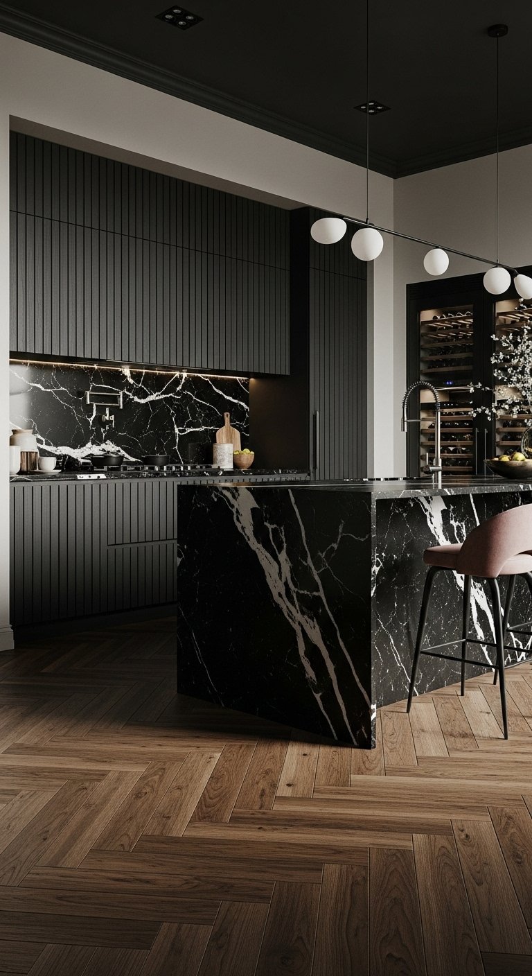 Cuisine noire moderne avec carrelage effet marbre noir sur ilot et credence