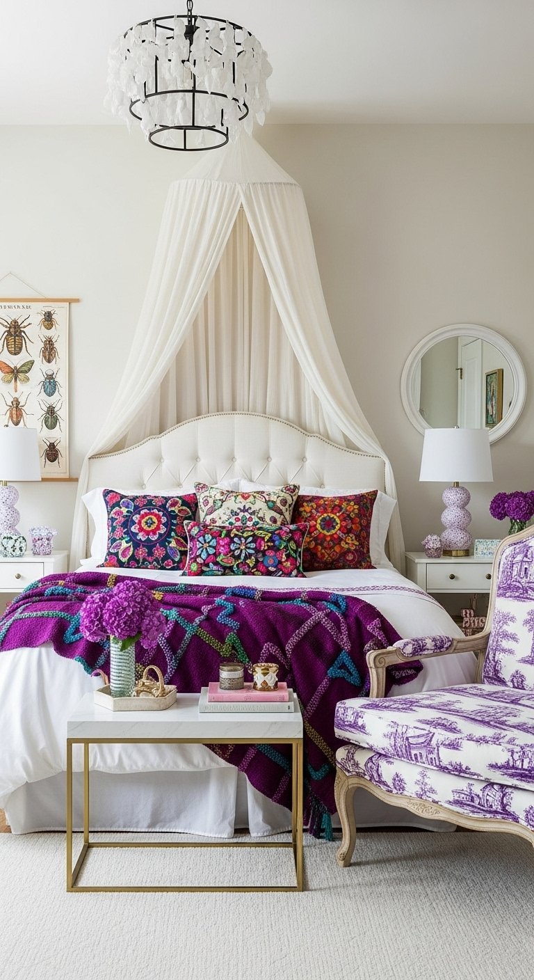 Décoration chambre femme avec des accents violets et un baldaquin