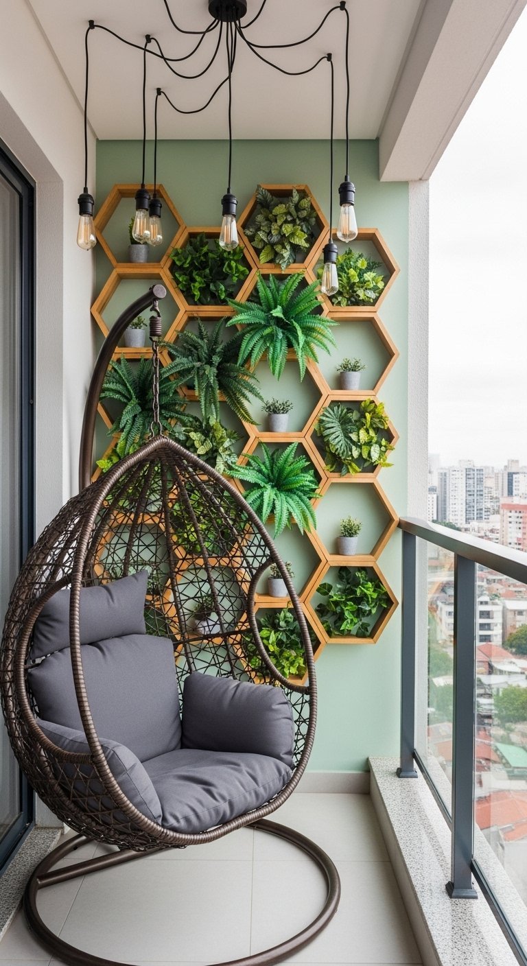 Decoration petit balcon moderne avec fauteuil suspendu marron et mur vegetal hexagonal vert