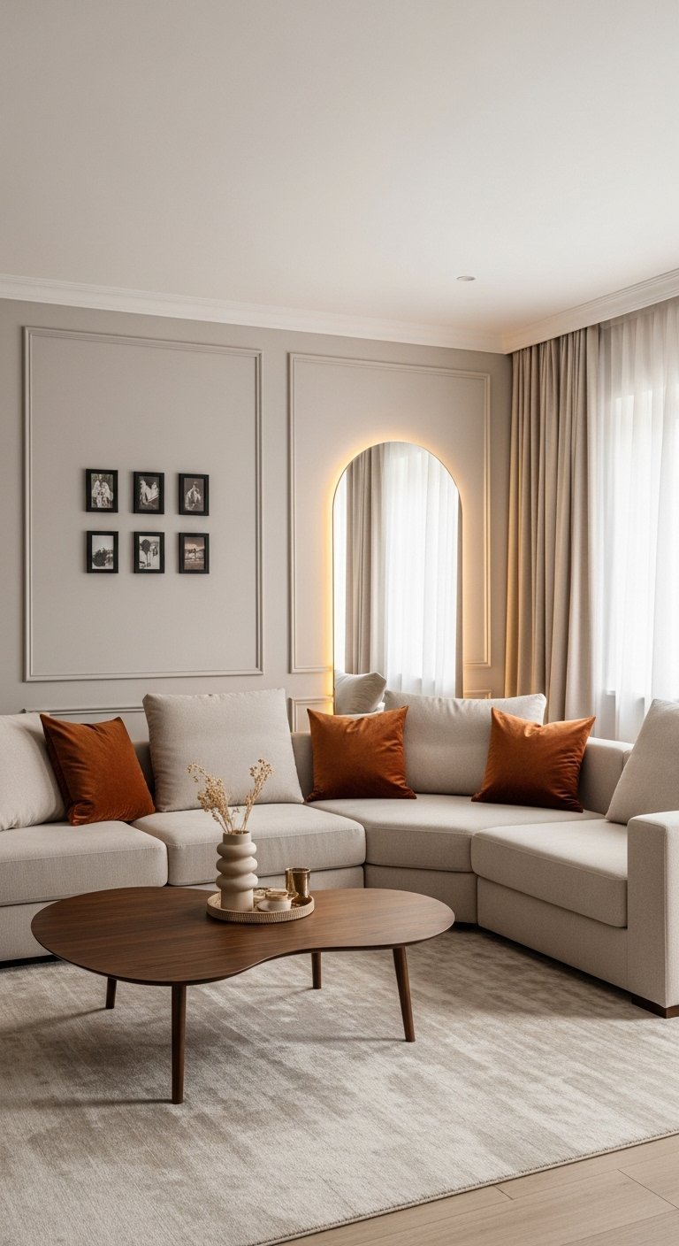 Decoration salon beige avec coussins terracotta et miroir arche lumineux