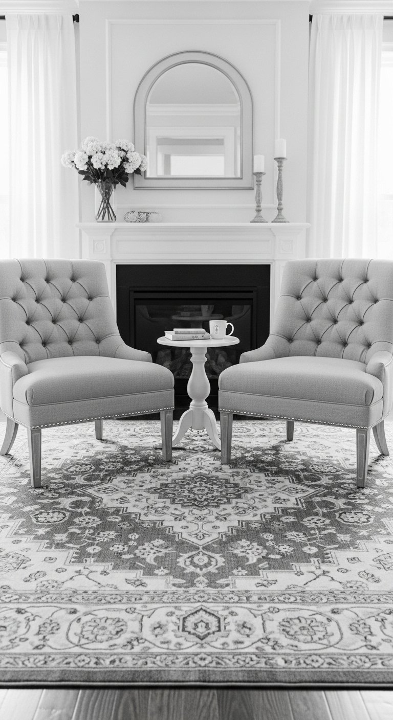 Deux fauteuils gris capitonnés placés symétriquement devant une cheminée blanche