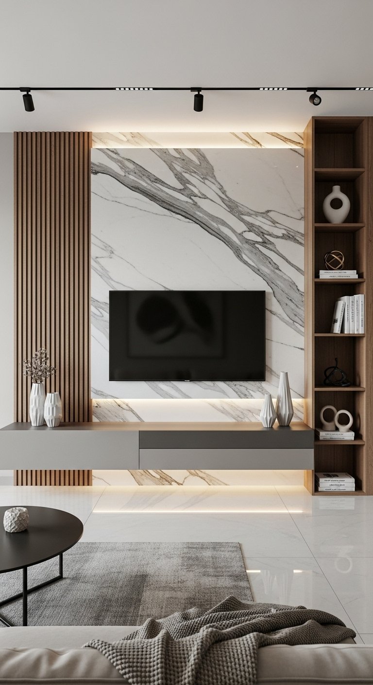 Mur TV moderne avec panneau en marbre blanc et tasseaux de bois