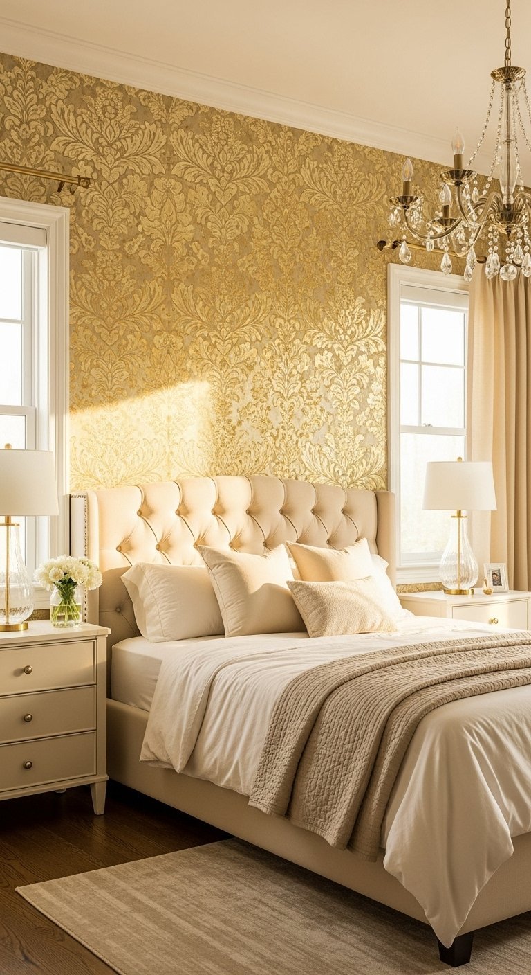 Papier peint dore style damasse dans une chambre parentale chic avec lit beige capitonne