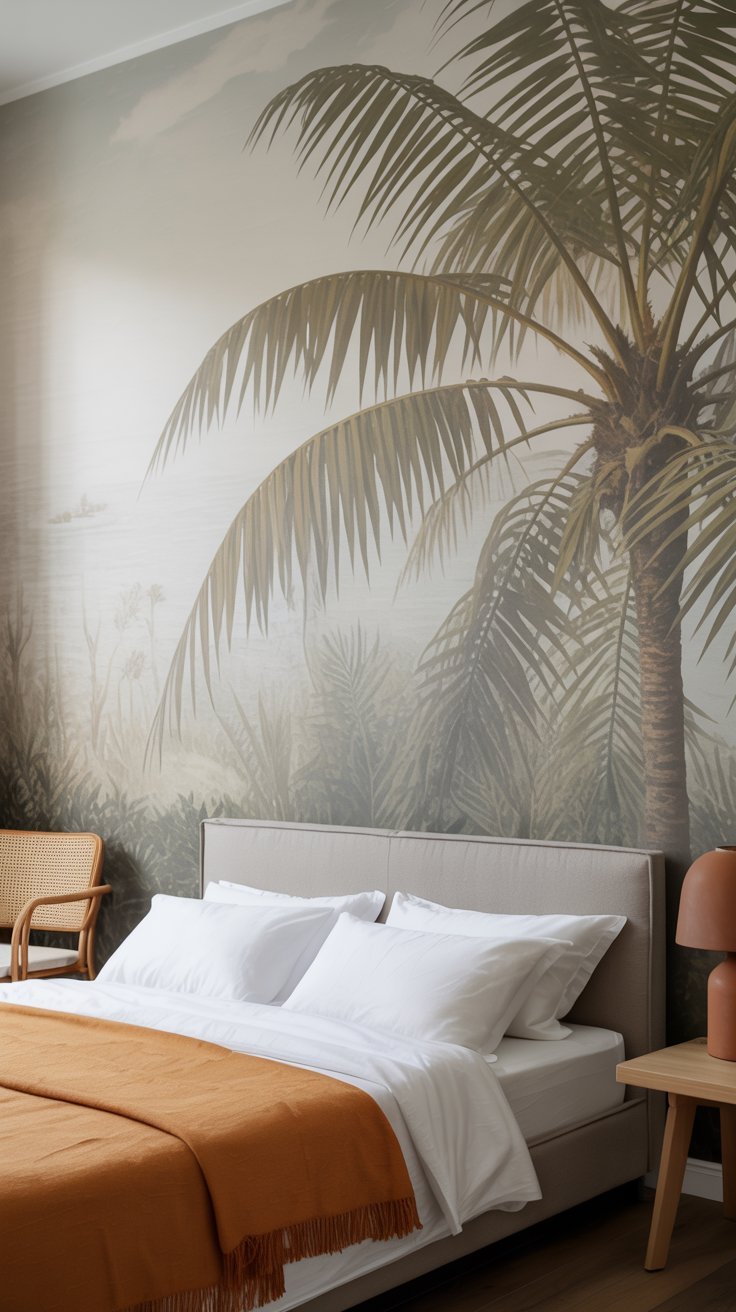 Papier peint panoramique avec palmier dans une chambre à coucher