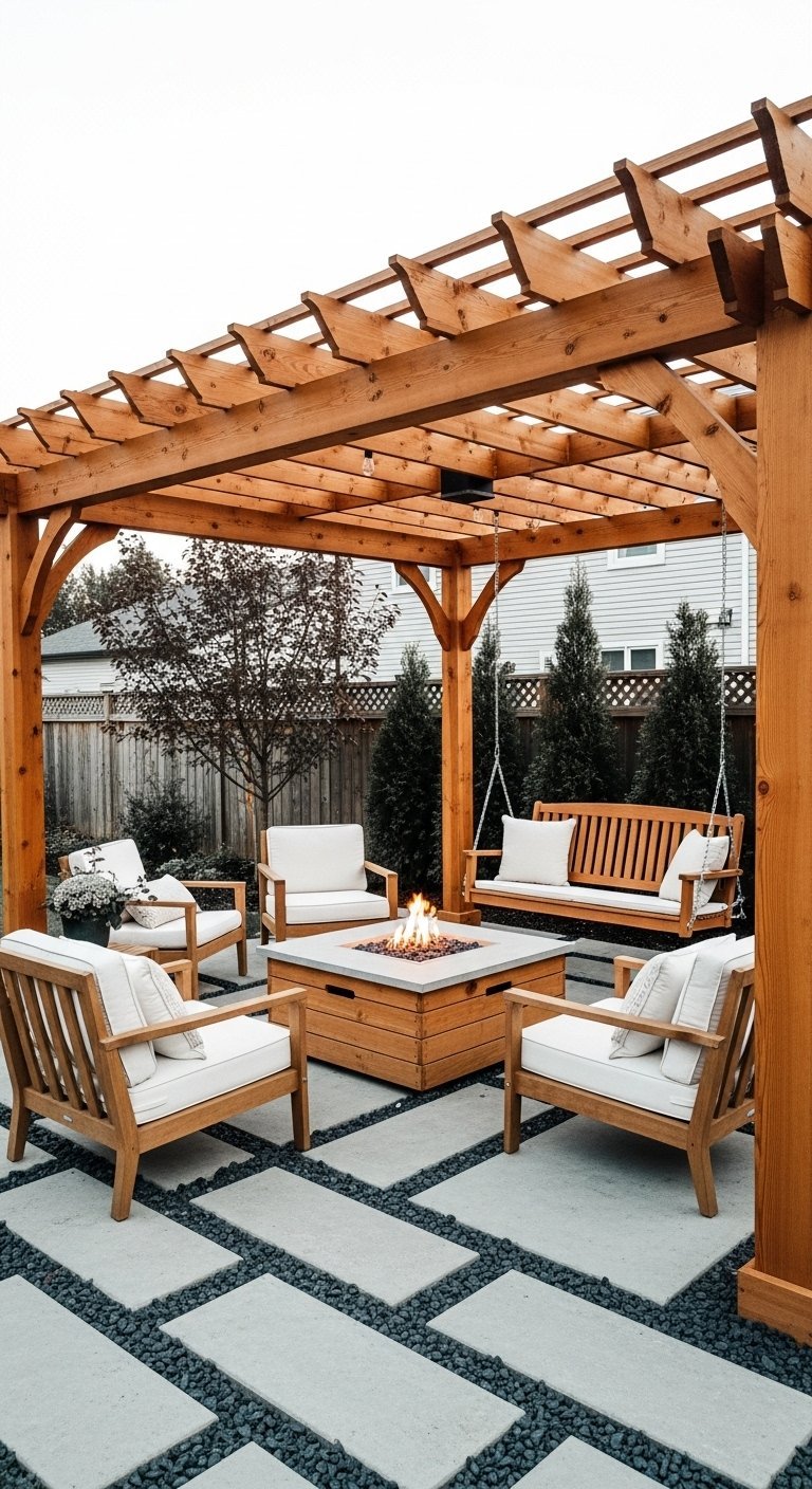 Pergola en bois clair avec foyer central et salon de jardin blanc