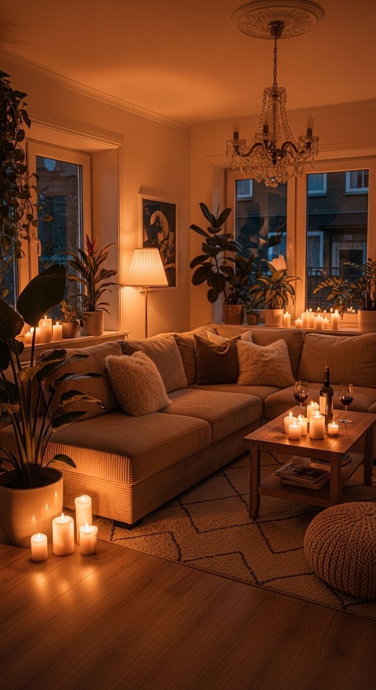 Petit salon cocooning avec canapé d angle beige et de nombreuses bougies allumées