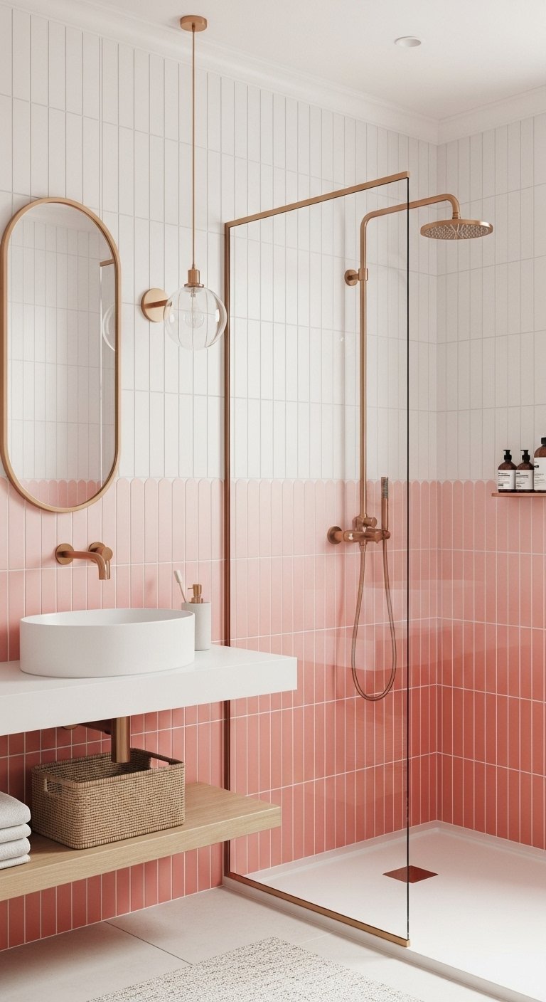 Petite salle de bain tendance avec carrelage vertical rose et blanc et paroi de douche en verre
