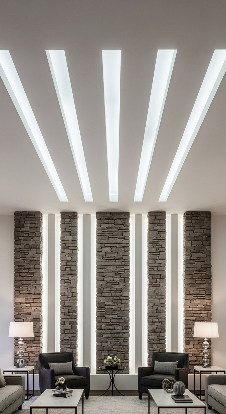 Plafond moderne avec bandes lumineuses prolongeant des piliers en pierre