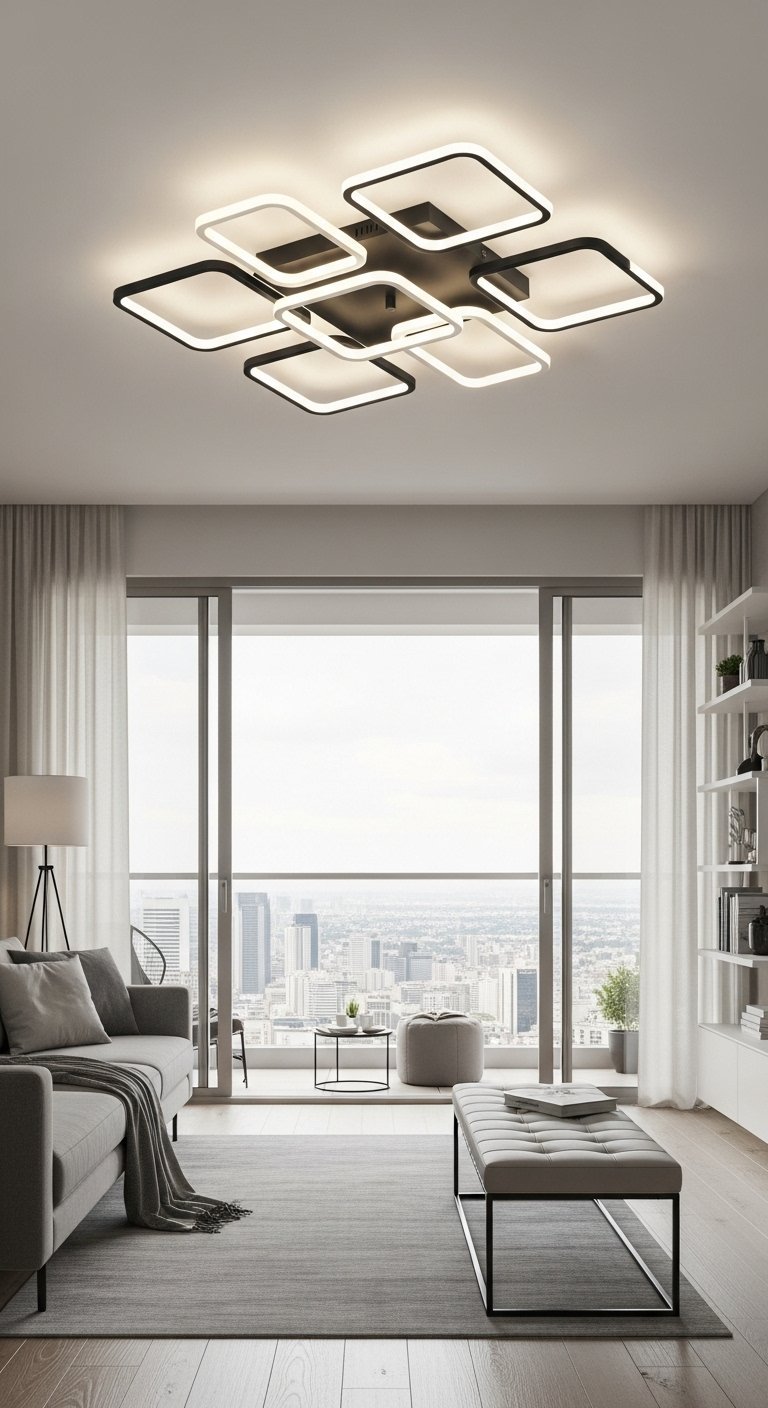 Plafonnier LED design noir et blanc dans un salon moderne