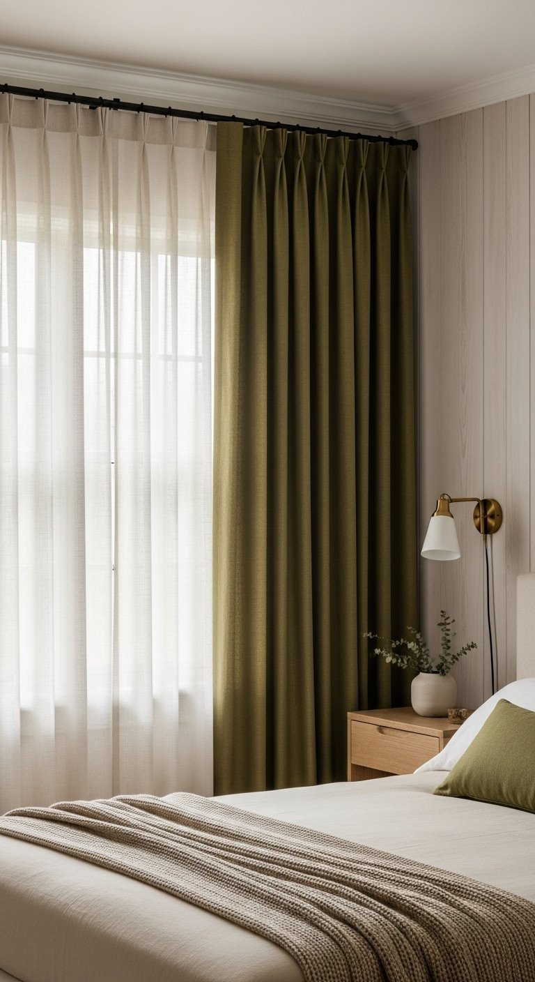 Rideau vert olive epais et voilage blanc dans une chambre moderne