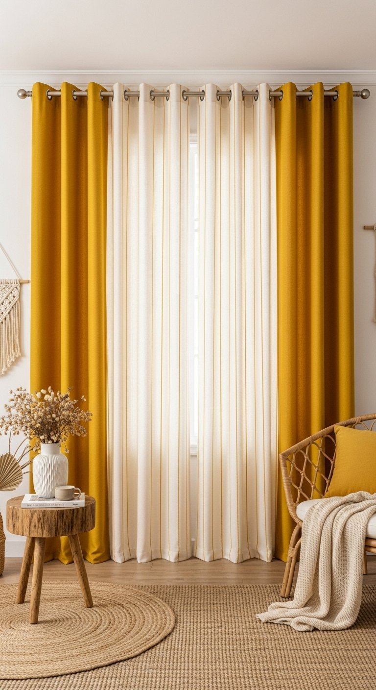 Rideaux jaunes à œillets et voilage blanc dans un salon de style bohème