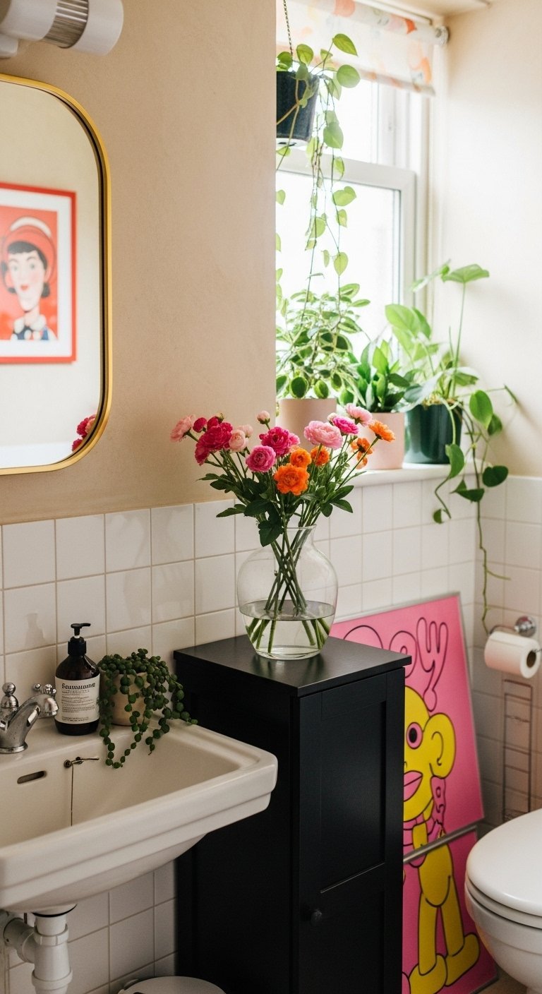 Salle de bain colorée avec lavabo sur pied et vase de fleurs
