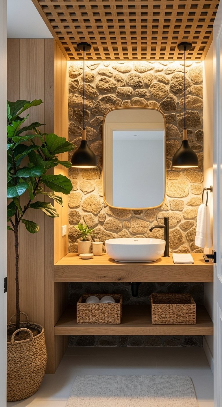 Salle de bain nature avec vasque en pierre et mur rustique
