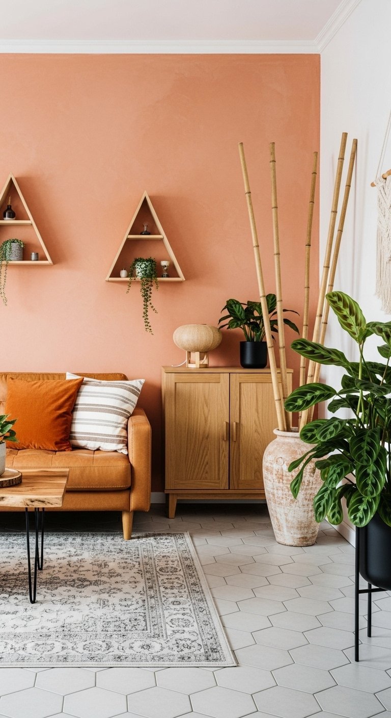 Salon avec mur terracotta peche canape marron et etageres en bois triangulaires