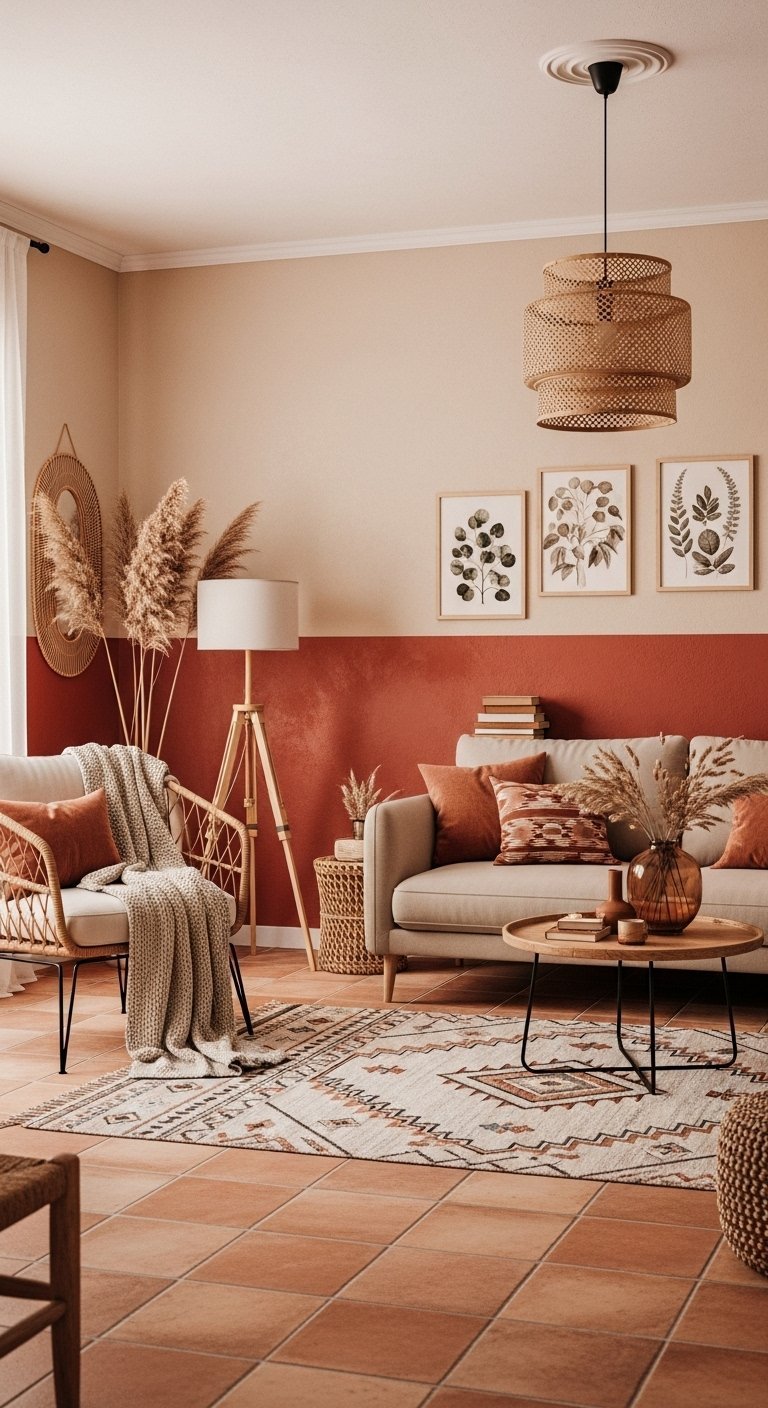 Salon boheme avec mur bicolore terracotta et beige canape et plantes sechees