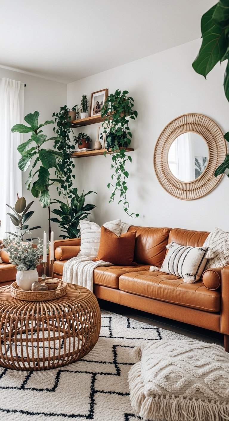 Salon boheme chic avec canape en cuir marron et beaucoup de plantes vertes