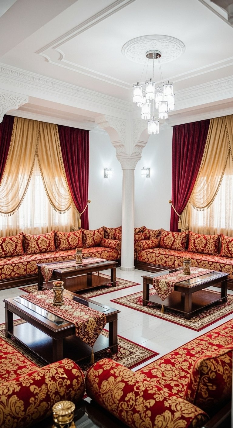 Salon marocain traditionnel avec sedari rouge et or et tables en bois