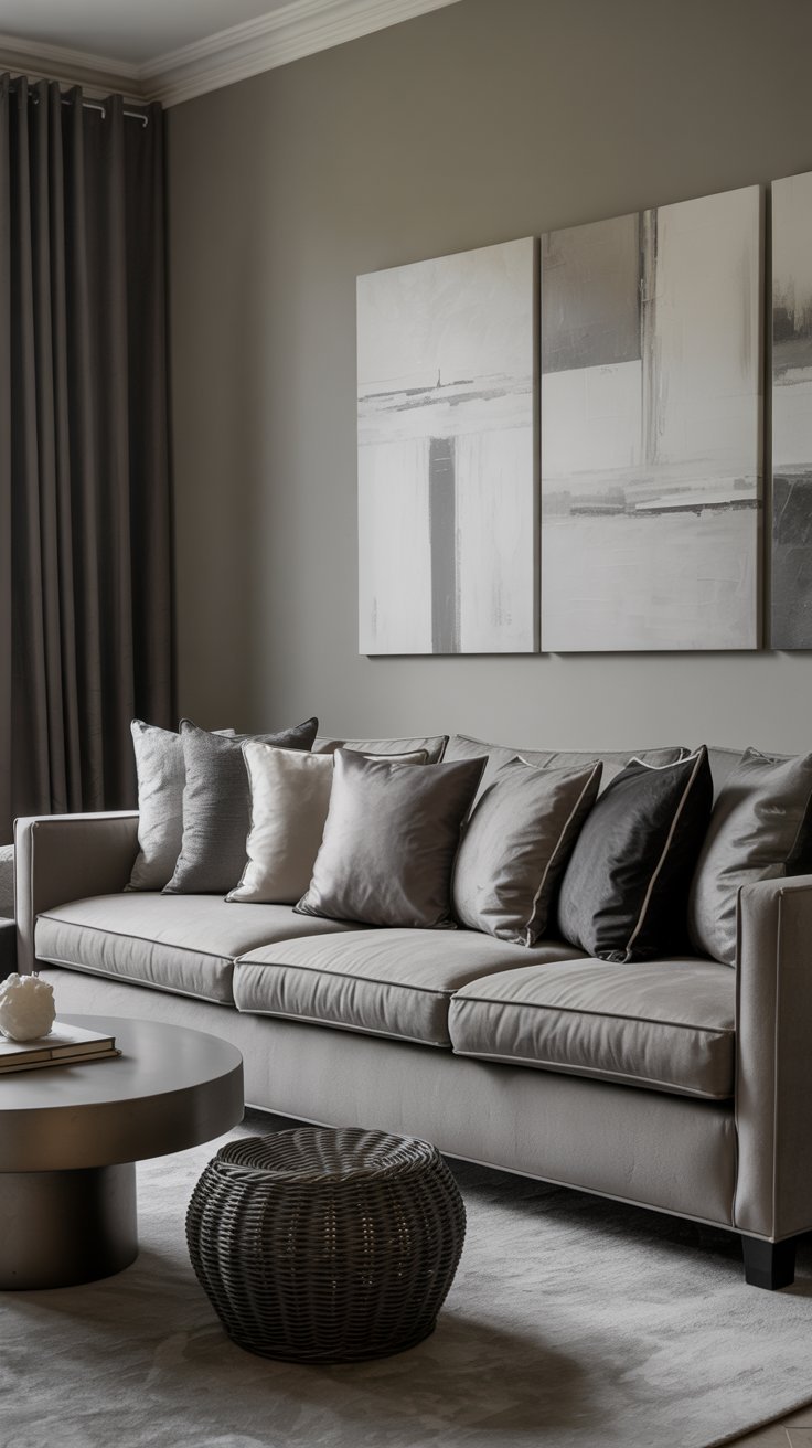 Salon monochrome avec mur gris taupe et canape assorti