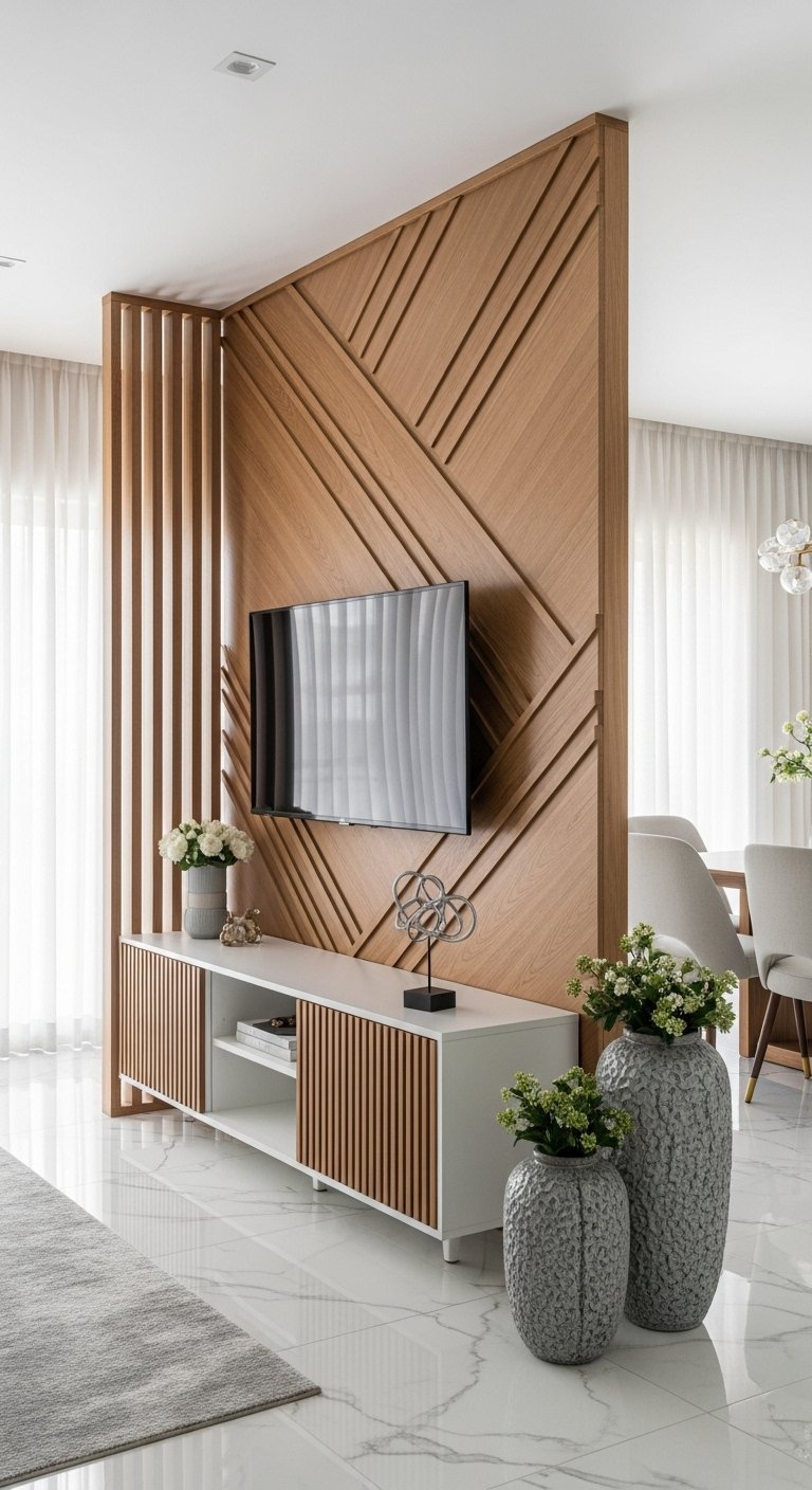 Séparateur de pièce en bois avec meuble TV blanc dans un salon moderne.