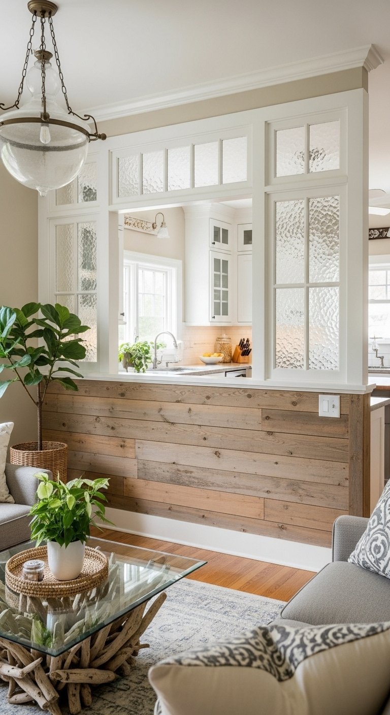 Séparation de style cottage avec muret en bois et fenêtres intérieures vitrées