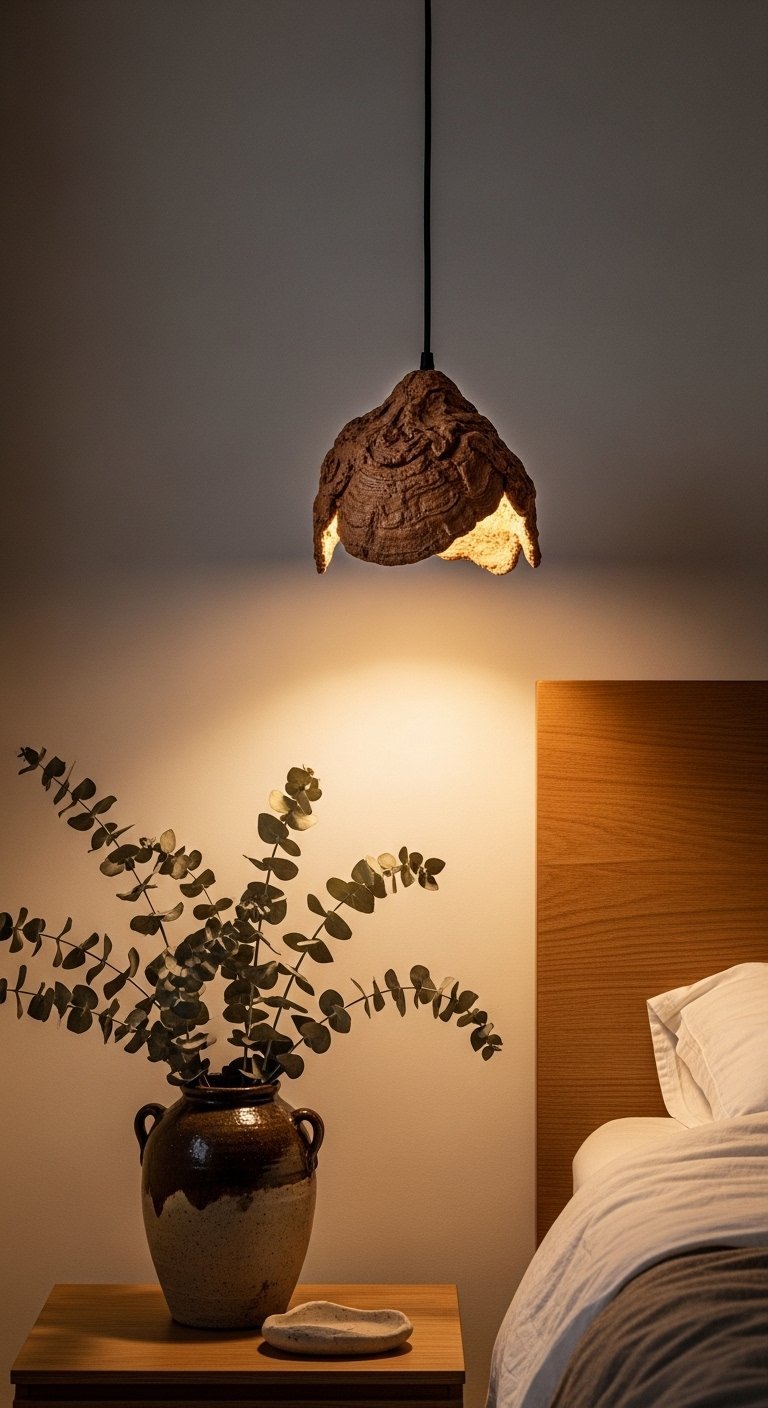 Suspension luminaire organique marron au dessus d une table de chevet