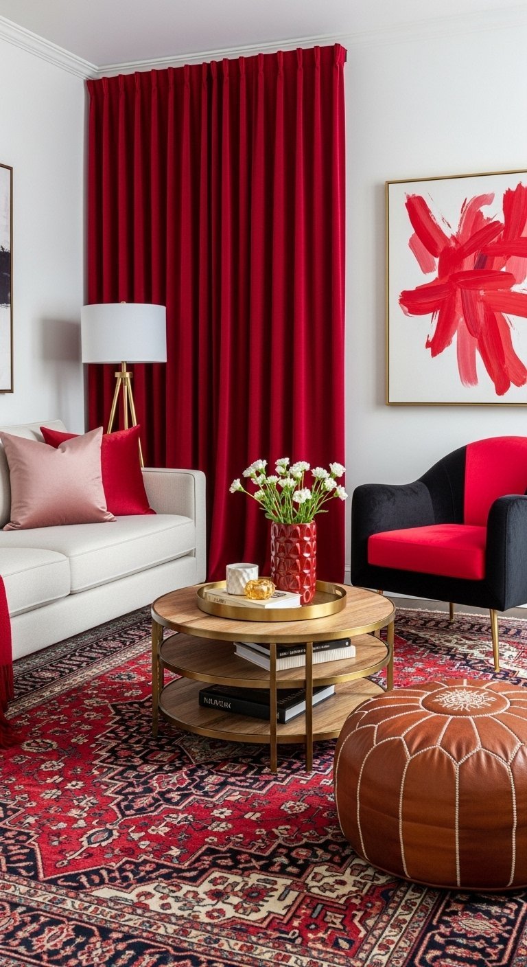 Tapis persan rouge et marine dans un salon moderne avec canapé blanc et fauteuil noir et rouge