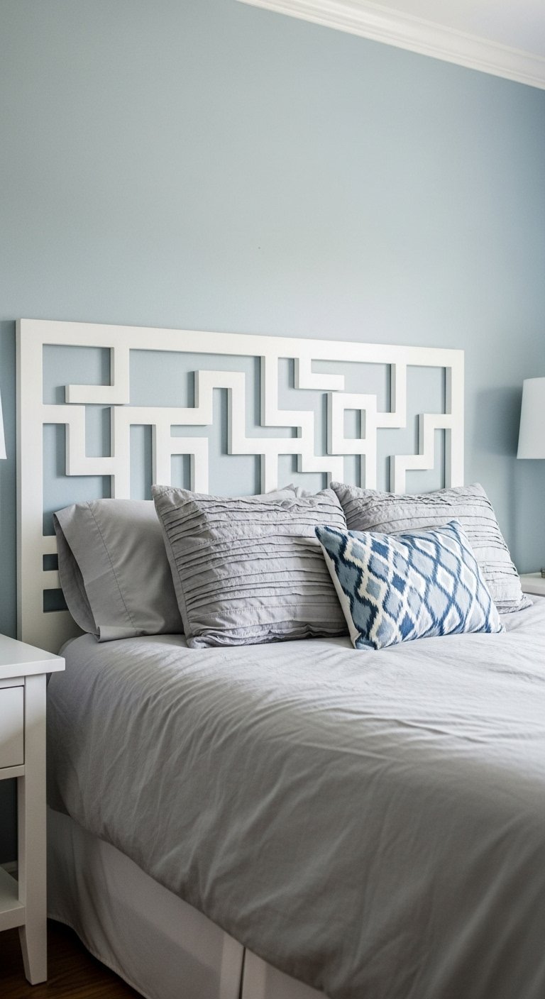 Tete de lit blanche a motifs geometriques devant un mur bleu gris
