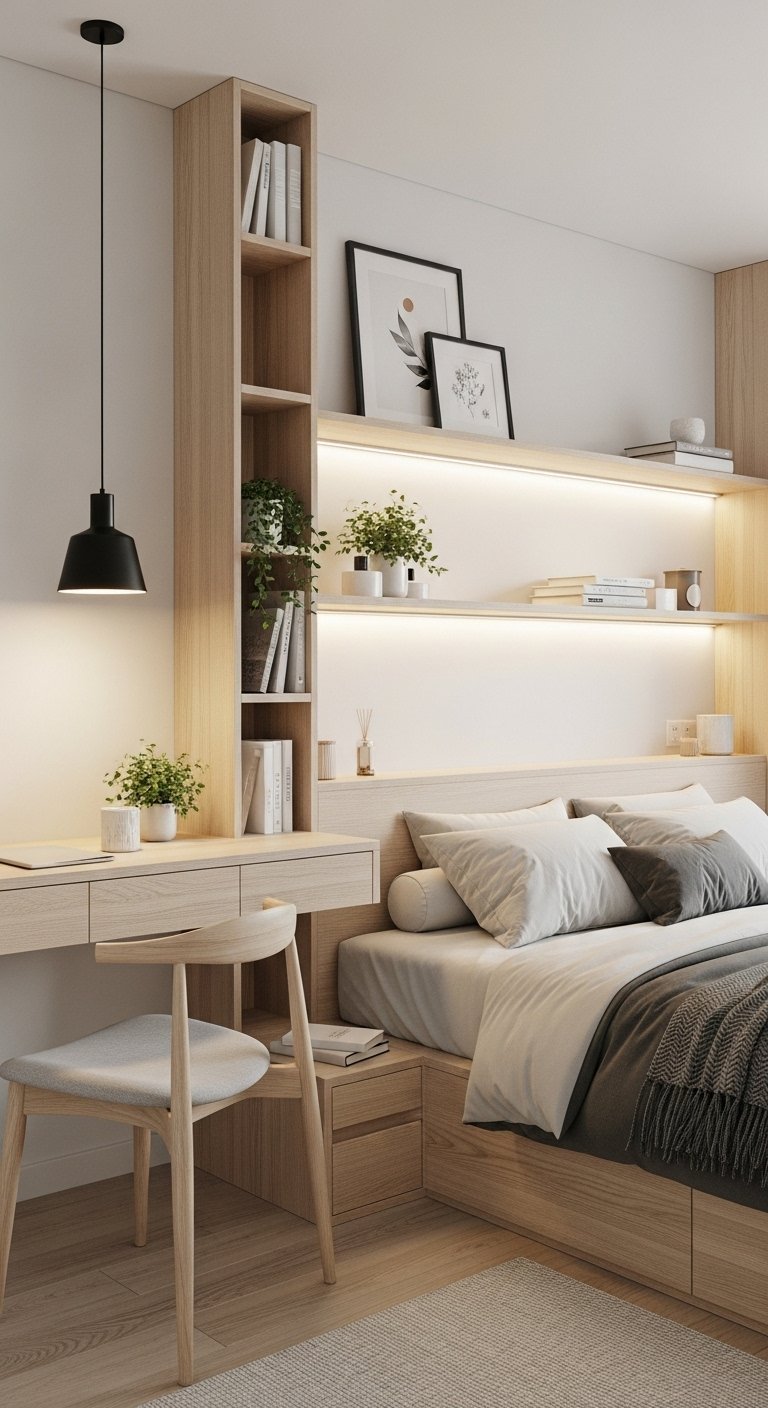 Tête de lit en bois clair avec bureau et rangements intégrés dans une petite chambre