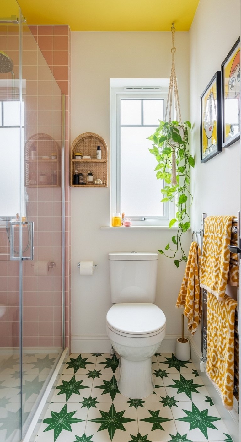 Toilettes avec carrelage vert a etoiles et plafond jaune