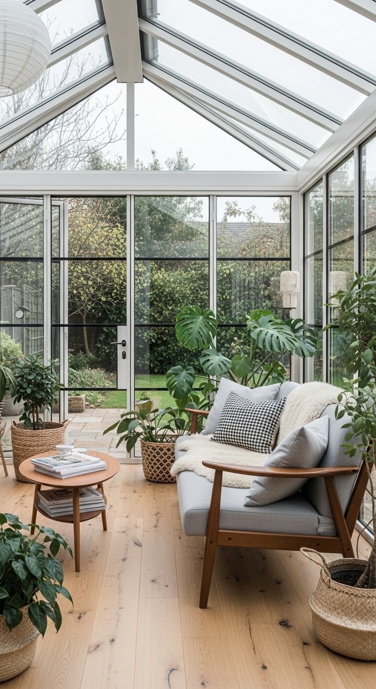 Véranda lumineuse style scandinave avec canapé gris et plantes vertes