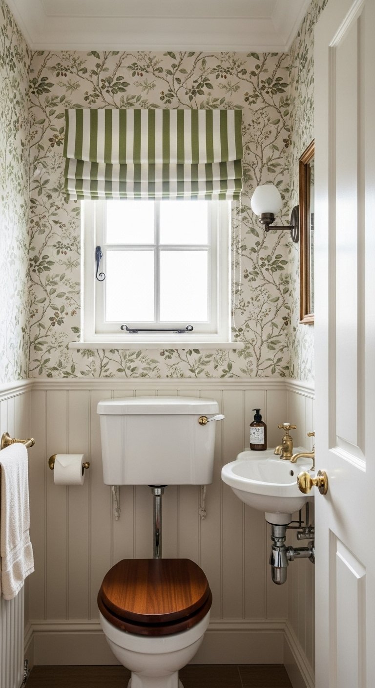 WC style cottage avec papier peint floral vert et toilettes à réservoir haut
