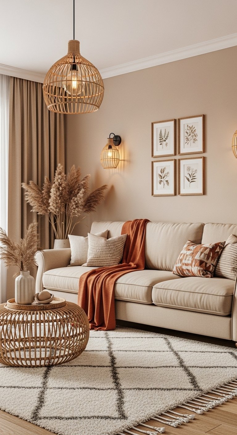 Ambiance salon beige et terracotta avec luminaires en rotin et tapis berbere