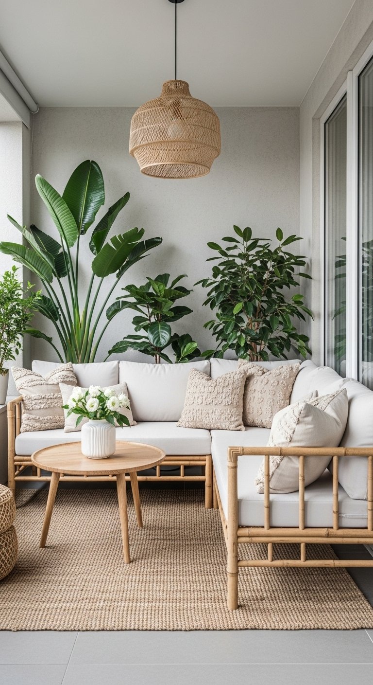Balcon de style tropical aménagé avec un salon de jardin en bambou et de grandes plantes