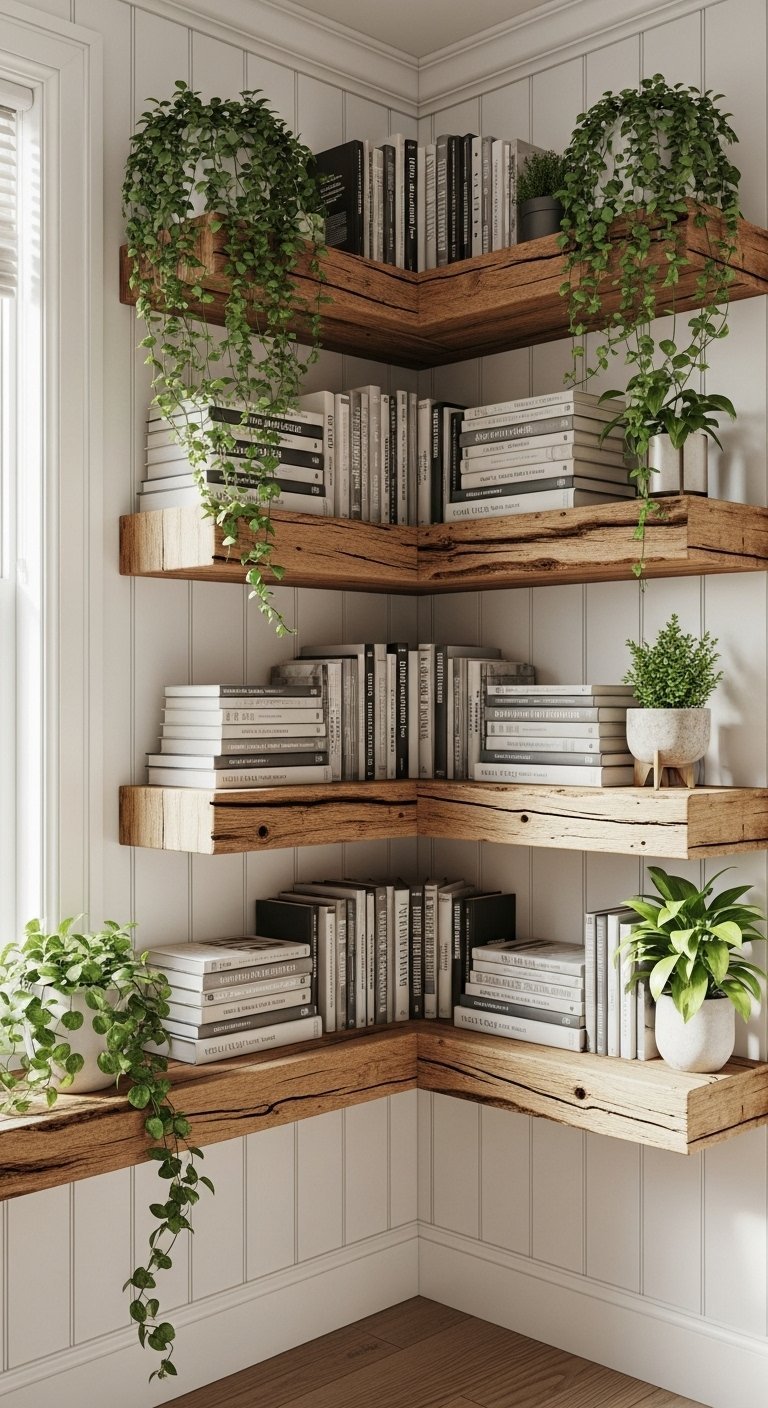 Bibliothèque en bois utilisée comme séparateur de pièce derrière un canapé